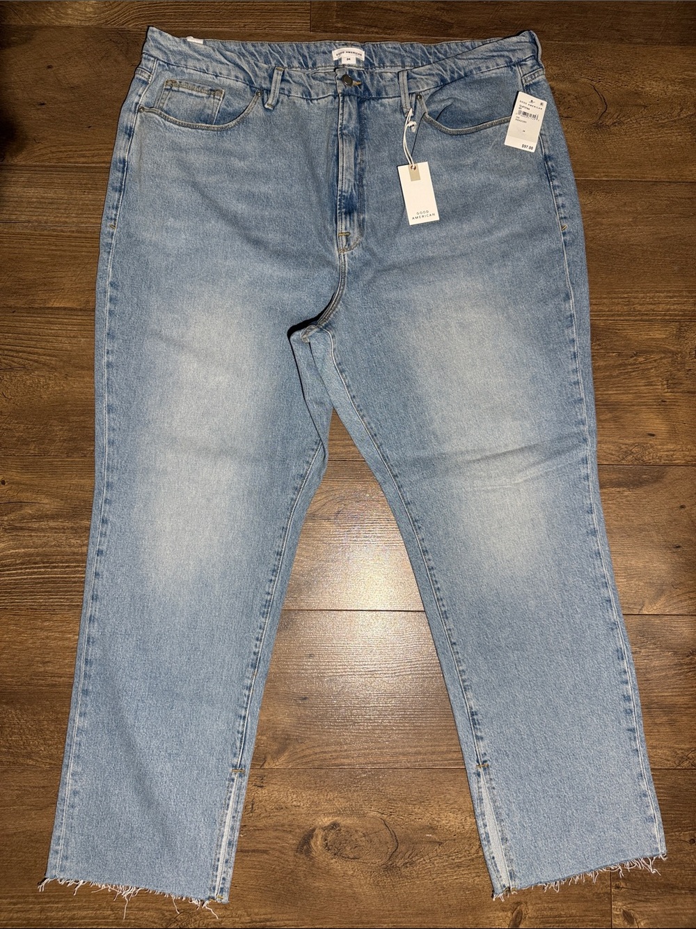 Good American Good Boy Jeans Women’s Size 24 Light Wash Raw Frayed Hem NWT